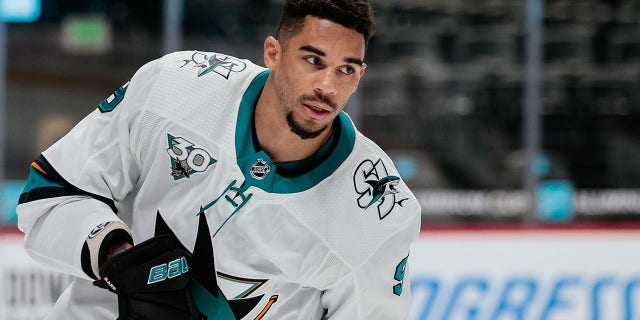 San Jose Sharks left wing Evander Kane (9) before the game against the Colorado Avalanche at Ball Arena April 30, 2021, in Denver, Colorado.