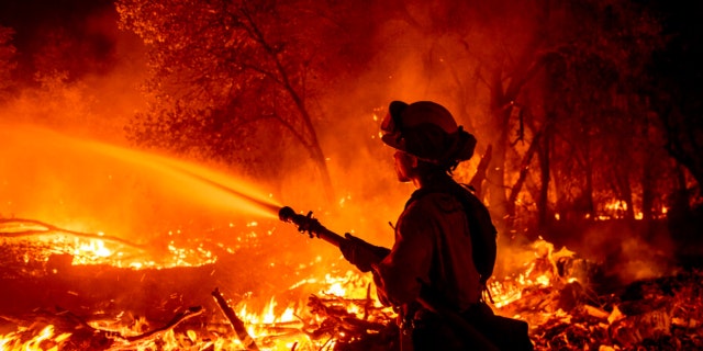 Firefighter Ron Burias battles the Fawn Fire as it spreads north of Redding, Calif. in Shasta County, on Thursday, Sept. 23, 2021.