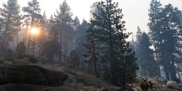 A hotshot crew from Tahoe Hotshots hikes along a trail in Meyers, Calif., Friday, Sept. 3, 2021. Fire crews took advantage of decreasing winds to battle a California wildfire near popular Lake Tahoe and were even able to allow some people back to their homes but dry weather and a weekend warming trend meant the battle was far from over. 