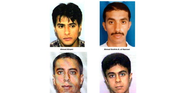 Undated photos of suspected hijackers of United Airlines flight #93 that crashed in rural Pennsylvania, released by the FBI September 27, 2001 in Washington, DC. (L to R, top to bottom) Ahmed Alnami, Ahmed Ibrahim A. al-Haznawi, Ziad Samir al-Jarrah, and Saeed Alghamdi. 