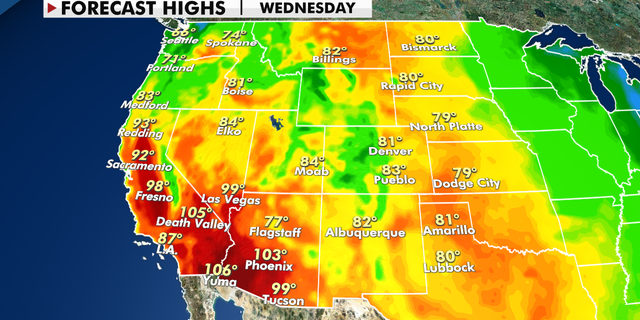 Forecast high temperatures across the West