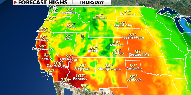 Forecast high temperatures across the U.S. West