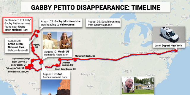 A map showing the route Gabby Petito and Brian Laundrie took during their 2021 road trip, which ended in a murder suicide.