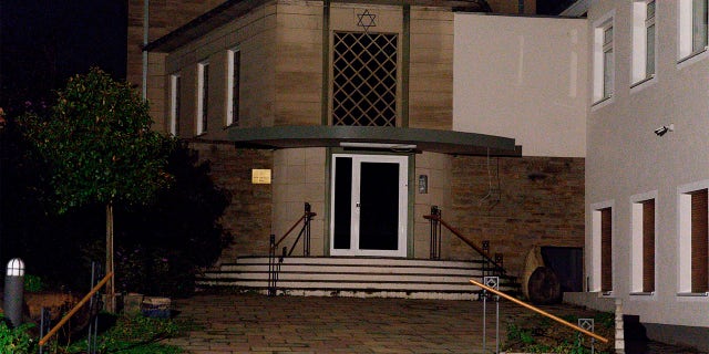 The square in front of the entrance to the Jewish Community building is empty after the end of the police operation in Hagen, Germany, Thursday, Sept. 16, 2021.