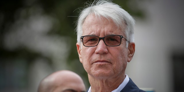 District Attorney George Gascon addresses a news conference on the steps of Hall of Justice on June 18, 2021, in Los Angeles, California.