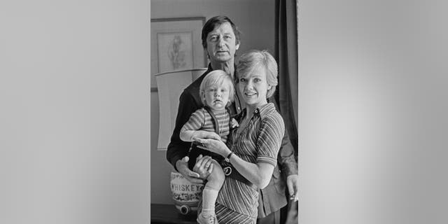 English actress Hayley Mills with her husband, director Roy Boulting (1913 - 2001), and their son Crispian Boulting, later singer and musician Crispian Mills, UK, 1974.