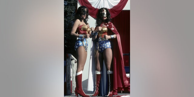 Lynda Carter and Lynda Day George filming "Wonder Woman"