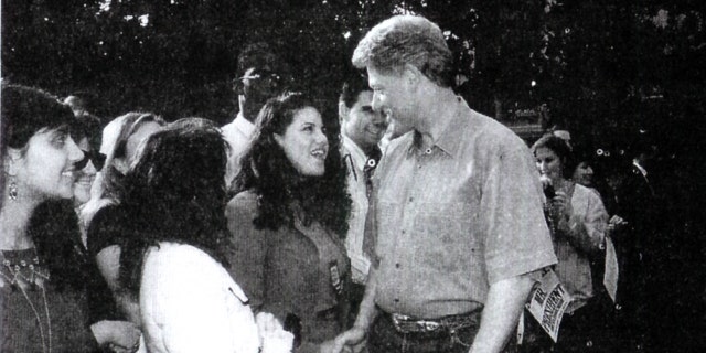 A photograph showing former White House intern Monica Lewinsky meeting President Bill Clinton at a White House function submitted as evidence in documents by the Starr investigation and released by the House Judicary committee on September 21, 1998.