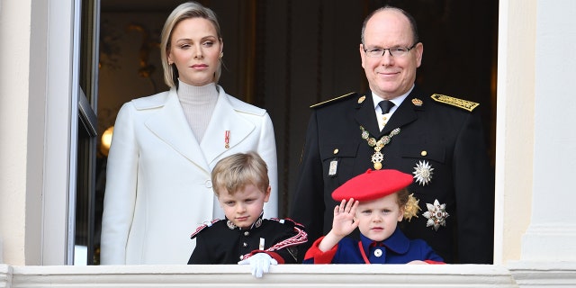 Princess Charlene of Monaco and Prince Albert II of Monaco with children Prince Jacques of Monaco and Princess Gabriella of Monaco organize them at the balcony of the Palace for Monaco's National Day celebrations on November 19, 2019 in Monte-Carlo, Monaco . 