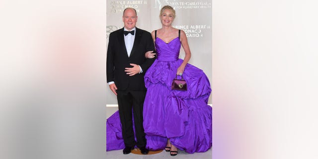 Prince Albert II of Monaco and Sharon Stone attend the photocall during the 5th Monte-Carlo Gala For Planetary Health on September 23, 2021 in Monte-Carlo, Monaco.