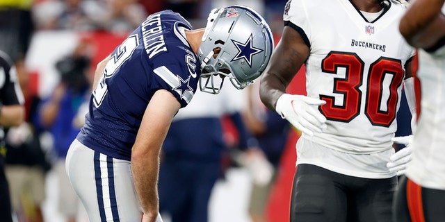 Dallas Cowboys kicker Greg Zuerlein reacts after missing a field goal attempt against the Tampa Bay Buccaneers in the first half at Raymond James Stadium.