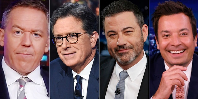 Fox's Greg Gutfeld, CBS' Stephen Colbert, ABC's Jimmy Kimmel, and NBC's Jimmy Fallon.