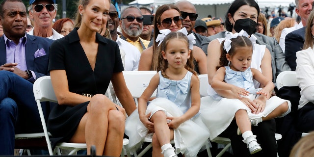 Derek Jeter and Hannah Jeter's two daughters, Story Grey, 1, and Bella Raine, 3, made a rare public appearance at his enshrinement into the National Baseball Hall of Fame.