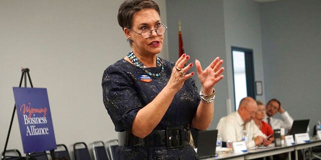 FILE - In this May 16, 2018, file photo, Harriet Hageman addresses a meeting of the Wyoming Business Alliance in Casper, Wyo.