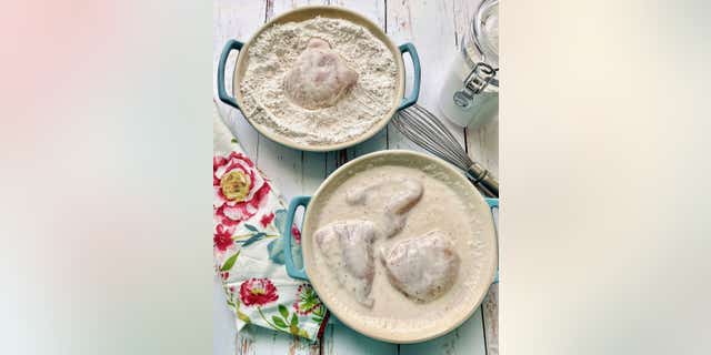 When preparing your fried chicken, make sure you have two bowls ready for your dry and wet ingredients.