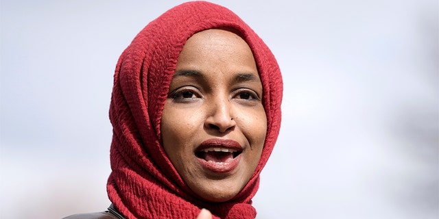 In this April 20, 2021, file photo, Rep. Ilhan Omar, D-Minn., speaks in Brooklyn Center, Minnesota, during a news conference. 