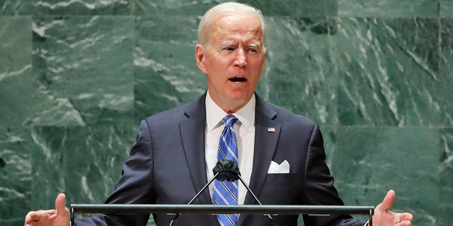 President Joe Biden speaks during the 76th Session of the United Nations General Assembly at U.N. headquarters in New York on Tuesday, Sept. 21, 2021.  (Eduardo Munoz/Pool Photo via AP)
