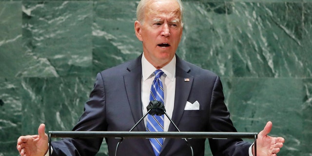 President Joe Biden speaks during the 76th Session of the United Nations General Assembly at U.N. headquarters in New York on Tuesday, Sept. 21, 2021.  (Eduardo Munoz/Pool Photo via AP)