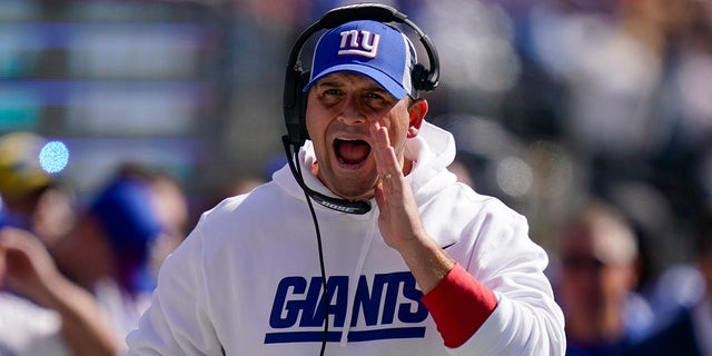 New York Giants head coach Joe Judge reacts on the sidelines during the first half of an NFL football game against the Atlanta Falcons, Sunday, Sept. 26, 2021, in East Rutherford, N.J.