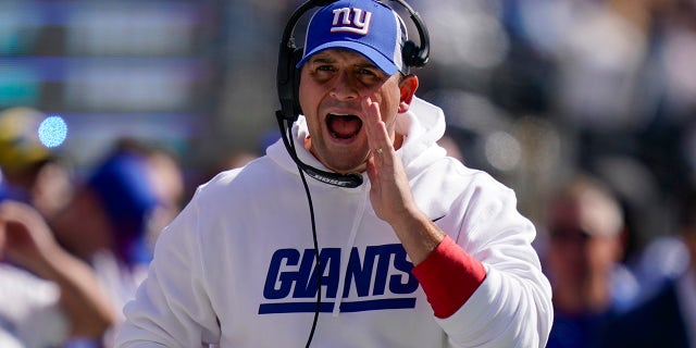 New York Giants head coach Joe Judge reacts on the sidelines during the first half of an NFL football game against the Atlanta Falcons, Sunday, Sept. 26, 2021, in East Rutherford, N.J.
