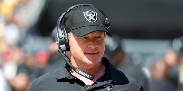 Las Vegas Raiders head coach Jon Gruden watches the game against the Pittsburgh Steelers at Heinz Field on September 19, 2021 in Pittsburgh, Pennsylvania. 