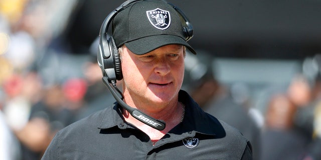 Las Vegas Raiders head coach Jon Gruden watches the game against the Pittsburgh Steelers at Heinz Field on September 19, 2021 in Pittsburgh, Pennsylvania. 