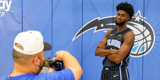 Orlando Magic forward Jonathan Isaac poses for a photo during NBA Basketball Day, Monday, September 27, 2021, in Orlando, Florida.