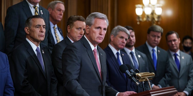 House Minority Leader Kevin McCarthy, R-Calif., and Republican members criticize President Joe Biden and House Speaker Nancy Pelosi on the close of the war in Afghanistan, during a news conference at the Capitol in Washington, Tuesday, Aug. 31, 2021. (AP Photo/J. Scott Applewhite)