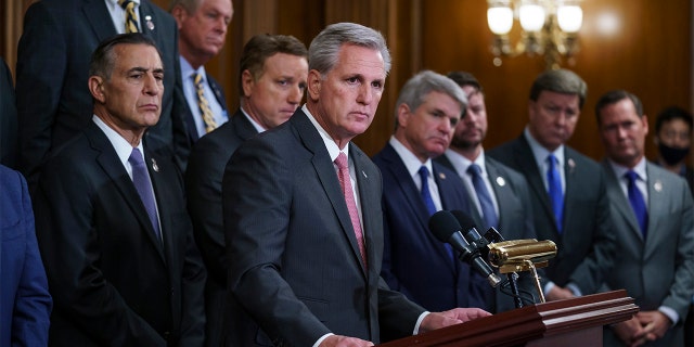 House Minority Leader Kevin McCarthy, R-Calif., and Republican members criticize President Biden and House Speaker Nancy Pelosi on the close of the war in Afghanistan during a news conference at the Capitol in Washington, Tuesday, Aug. 31, 2021. 