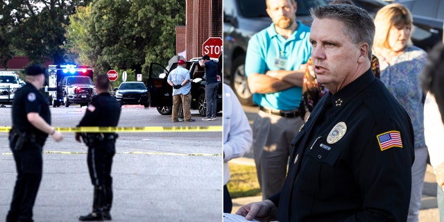 COLLIERVILLE, TN - SEPTEMBER 23: Collierville Police Chief Dale Lane, center, speaks with the media outside of a Kroger grocery store on September 23, 2021 in Collierville, Tennessee. The Kroger is where authorities said that a gunman had apparently killed himself after opening fire inside of the store and killing one person and injuring 12 others. (Photo by Brad Vest/Getty Images)