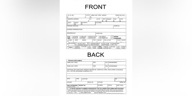 A Los Angles Police Department field interview card. Documents released by the Brennan Center for Justice said that LAPD officers are encouraged to collect social media information from people during field interviews. 