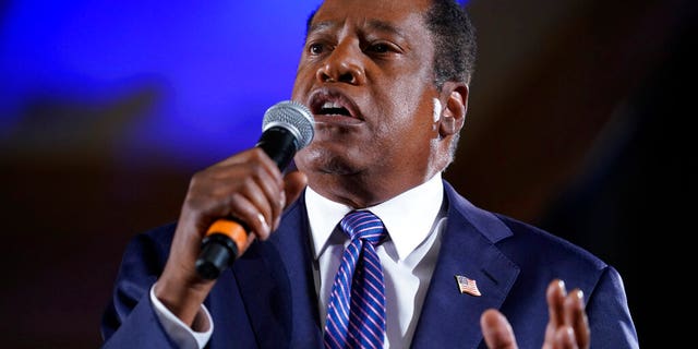 Republican conservative radio show host Larry Elder speaks to supporters after losing the California gubernatorial recall election Tuesday, Sept. 14, 2021, in Costa Mesa, Calif. The rare, late-summer election, which challenged California Governor Gavin Newsom, has emerged as a national battlefront on issues from COVID-19 restrictions to climate change. (AP Photo/Ashley Landis)