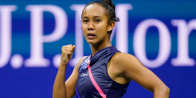 Leylah Fernandez, of Canada, reacts after scoring a point against Aryna Sabalenka,of Belarus, during the semifinals of the US Open tennis championships, Thursday, Sept. 9, 2021, in New York. (AP Photo/Seth Wenig)
