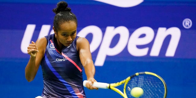 Leylah Fernandez, of Canada, returns a shot to Naomi Osaka, of Japan, during the third round of the U.S. Open tennis championships, Friday, Sept. 3, 2021, in New York City. (Associated Press)