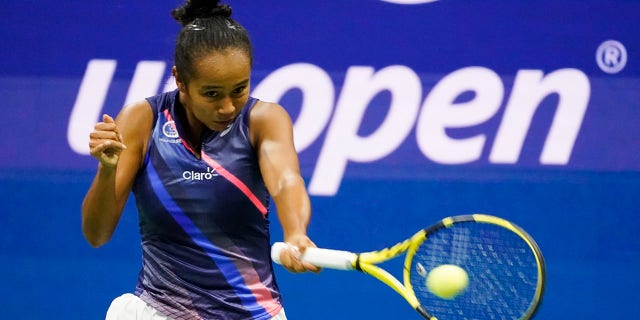 Leylah Fernandez, of Canada, returns a shot to Naomi Osaka, of Japan, during the third round of the U.S. Open tennis championships, Friday, Sept. 3, 2021, in New York City. (Associated Press)