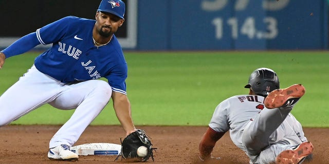 Minnesota Twins' Jorge Polanco is caught trying to steal second by Blue Jays' Marcus Semien on Sept. 17, 2021, in Toronto.