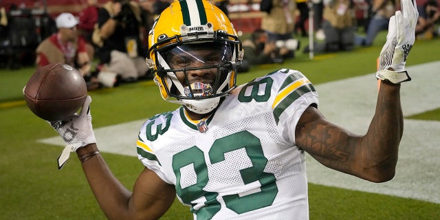 Green Bay Packers wide receiver Marquez Valdes-Scantling celebrates after catching a touchdown pass against the San Francisco 49ers in Santa Clara, Calif., Sept. 26, 2021.