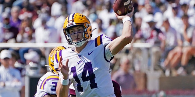 LSU quarterback Max Johnson (14) passes against Mississippi State during the first half of an NCAA college football game, Saturday, Sept. 25, 2021, in Starkville, Miss.