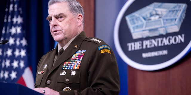 Gen. Mark Milley, chairman of the Joint Chiefs of Staff, holds a press briefing about the U.S. military drawdown in Afghanistan at the Pentagon in Washington, D.C., Sept. 1, 2021. (Photo by SAUL LOEB / AFP) (Photo by SAUL LOEB/AFP via Getty Images)