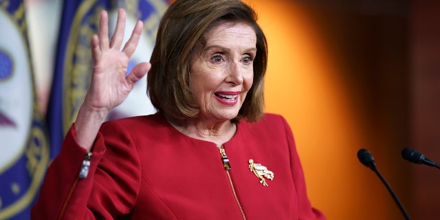 Speaker of the House Nancy Pelosi, D-Calif., meets with reporters at the Capitol in Washington, Wednesday, Sept. 8, 2021.