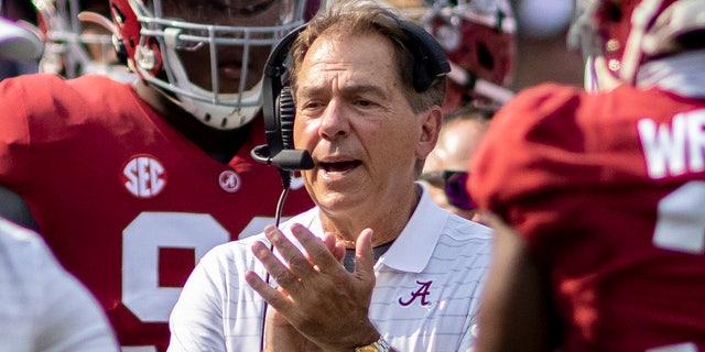 Alabama head coach Nick Saban cheers his team during the first half of an NCAA college football game against Mercer, Saturday, Sept. 11, 2021, in Tuscaloosa, Ala.