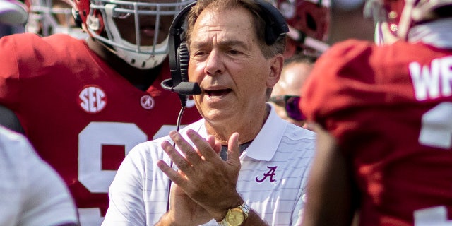 Alabama head coach Nick Saban cheers his team during the first half of an NCAA college football game against Mercer, Saturday, Sept. 11, 2021, in Tuscaloosa, Ala.