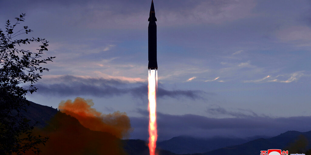 This photo provided by the North Korean government shows what North Korea claims to be a new hypersonic missile launched from Toyang-ri, Ryongrim County, Jagang Province, North Korea, Tuesday, Sept. 28, 2021.
