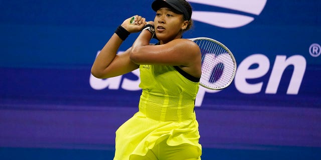 Naomi Osaka, of Japan, returns a shot to Leylah Fernandez, of Canada, during the third round of the U.S. Open tennis championships, Friday, Sept. 3, 2021, in New York City. (Associated Press)