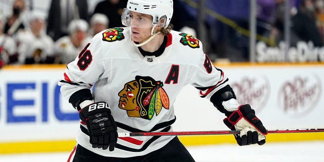 In this April 3, 2021, file photo, Chicago Blackhawks right wing Patrick Kane (88) skates against the Nashville Predators during the third period of an NHL hockey game in Nashville.
