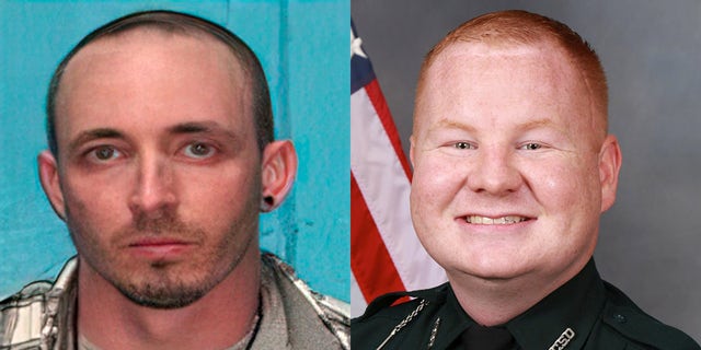 A Florida sheriff's deputy died on Sunday - two days after being shot twice by a former Marine he arrested, authorities said.  Nassau deputy Joshua Moyers, 29, right, was shot in the face and back on Friday morning and medics said they didn't expect him to survive his injuries.  A massive manhunt continued on Monday for suspected shooter Patrick McDowell, left, who is still at large and considered dangerous.