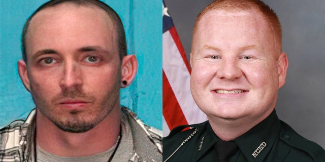 A Florida sheriff’s deputy died Sunday – two days after he was shot twice by a former Marine he had pulled over, authorities said. Nassau Deputy Joshua Moyers, 29, right, was shot in the face and back Friday morning and doctors had announced they didn’t expect him to survive his injuries. An extensive manhunt continued Monday for alleged gunman, Patrick McDowell, left, who is still on the loose and considered dangerous.