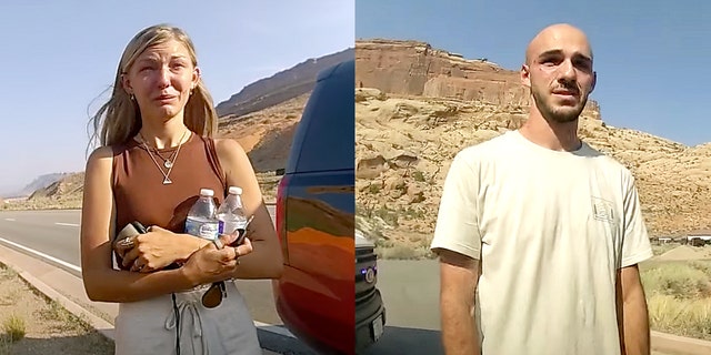 Gabby Petito, left, and Brian Laundrie are seen in bodycam footage released by the Moab City Police Department in Utah.