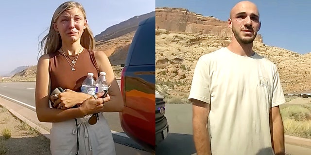 Gabby Petito, left, and Brian Laundrie are seen in body camera footage released by the Moab, Utah City Police Department.