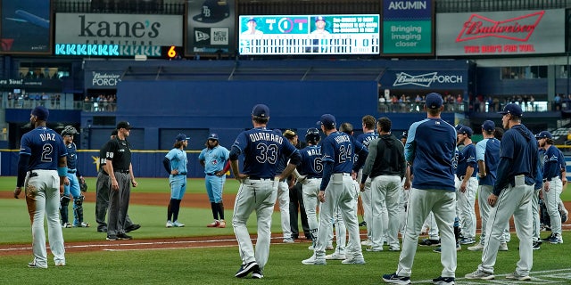 Tampa Bay Rays and Toronto Blue Jays players stand on the field after Blue Jays pitcher Ryan Borucki hit the Rays' Kevin Kiermaier with a pitch during the eighth inning of a baseball game Wednesday, Sept. 22, 2021, in St. Petersburg, Fla.